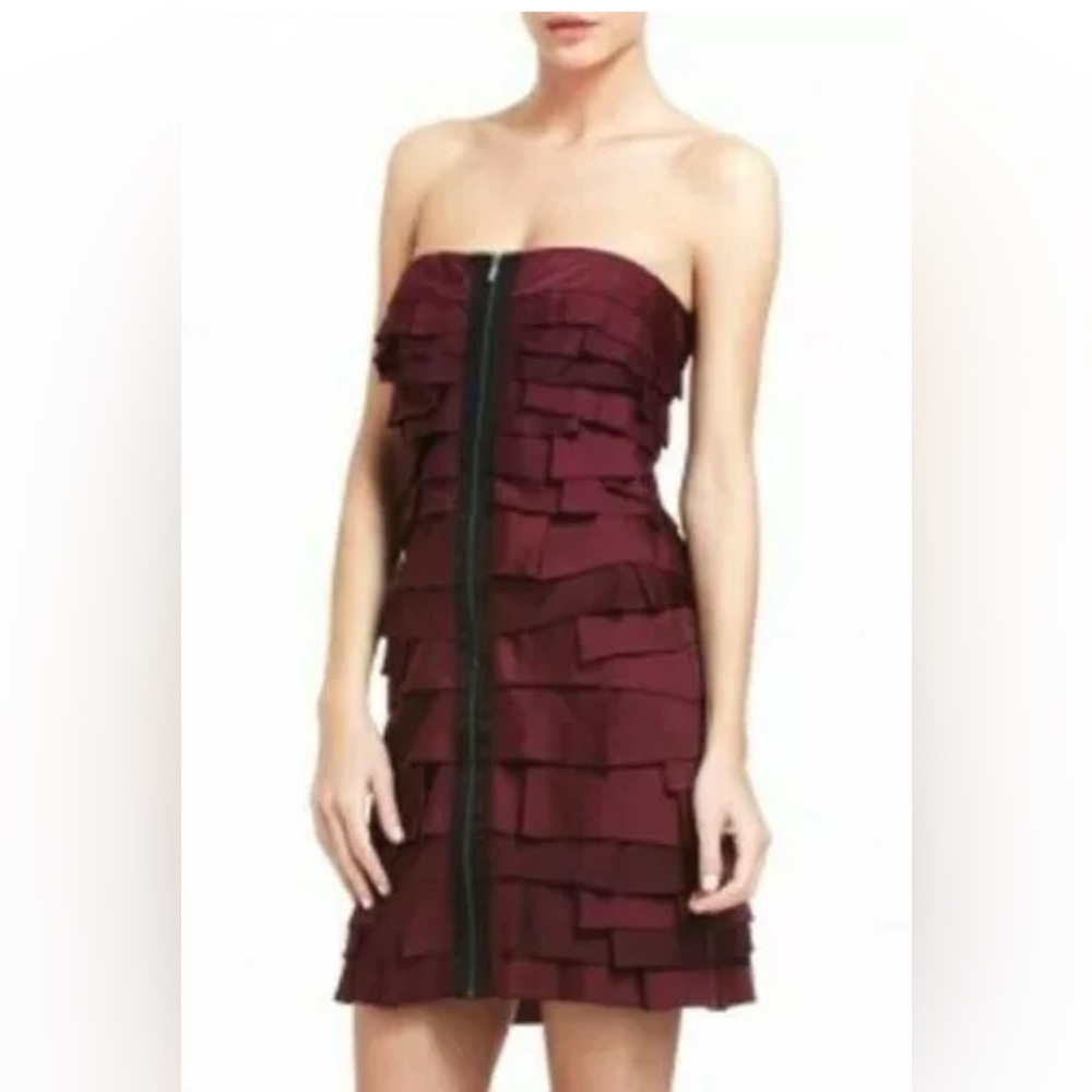 BCBG MAXAZRIA Brandie Bordeaux Asymmetric Tiered Dress 10 ($298 MSRP) EUC